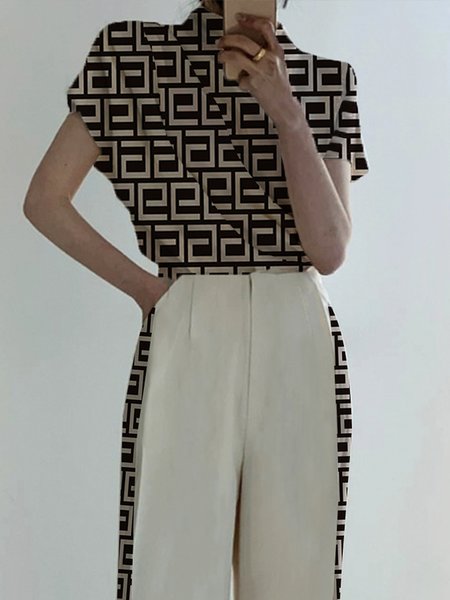

Short sleeve Geometric Stand Collar Urban Shirt, Black, Blouses and Shirts
