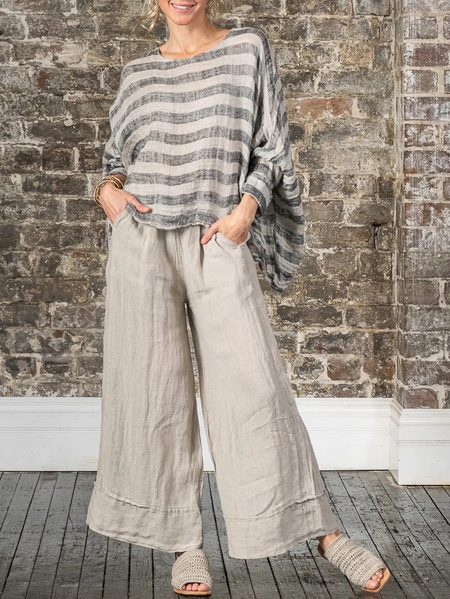 

Casual Batwing Sleeve Cotton And Linen Striped Shirt, Gray, Shirts & Blouses