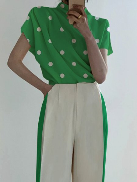 

Short sleeve Stand Collar Elegant Polka Dots Shirt, Green, Blouses and Shirts