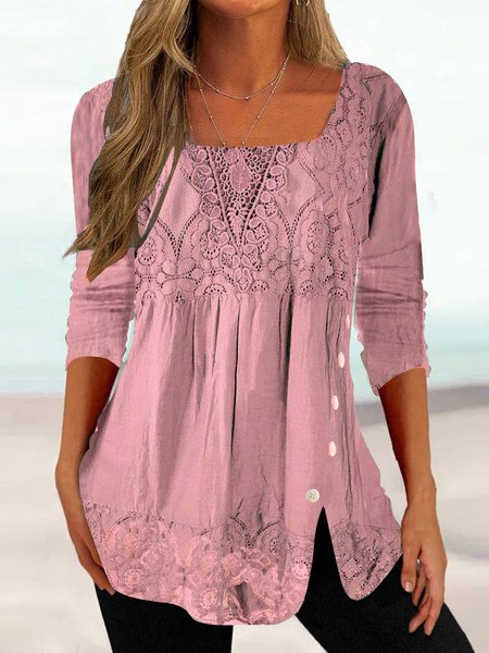 

JFN Cotton Ethnic Casual Square neck Lace Tops Long Sleeve U Neck Tunic, Pink, Shirts & Blouses