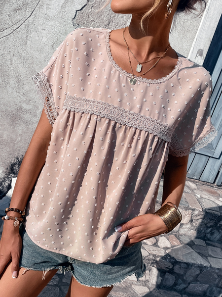 

Crew Neck Casual Plain Lace Loose Shirt, Pink, Tunics