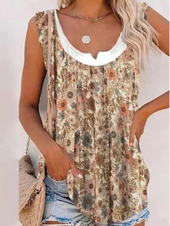 

Vacation Regular Fit Floral Tank Top, Khaki, Tanks & Camis