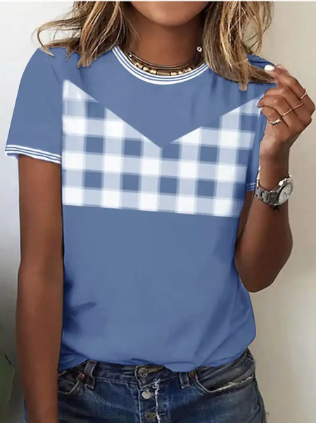 

Geometric Crew Neck Casual T-Shirt, Blue, T-Shirts