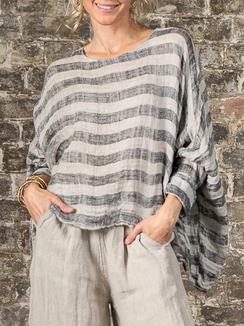 

Casual Batwing Sleeve Cotton And Linen Striped Shirt, Gray, Tunics