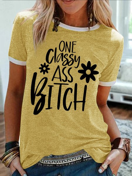 

Women's One Classy Ass Bitch Funny Graphic Printing Regular Fit Crew Neck Casual Cotton-Blend T-Shirt, Yellow, T-shirts
