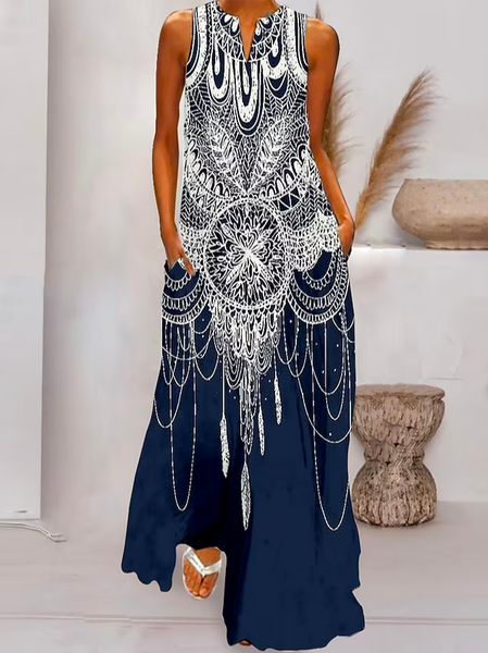 Loose V Neck Vacation Ethnic Dress, Blue, Dresses