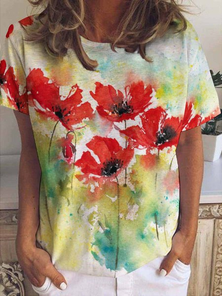 

Women’s Casual Watercolor Flower Print Crew Neck T-Shirt, As picture, T-shirts