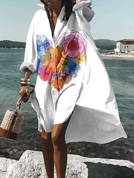 

Loose Shirt Collar Vacation Floral Dress, White, Midi Dresses