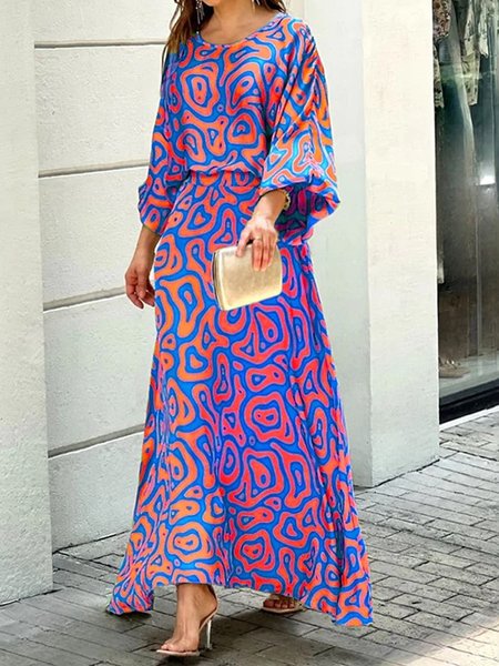 

Crew Neck Regular Fit Vacation Abstract Dress, Blue, Maxi Dresses