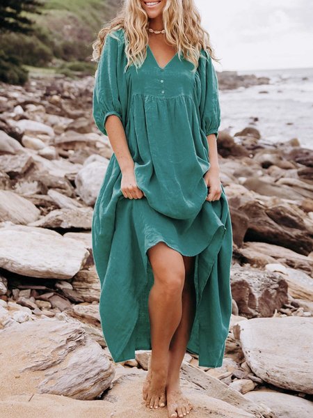 

JFN Cotton & Linen Loose Casual Split Joint Dress, Blue, Dresses