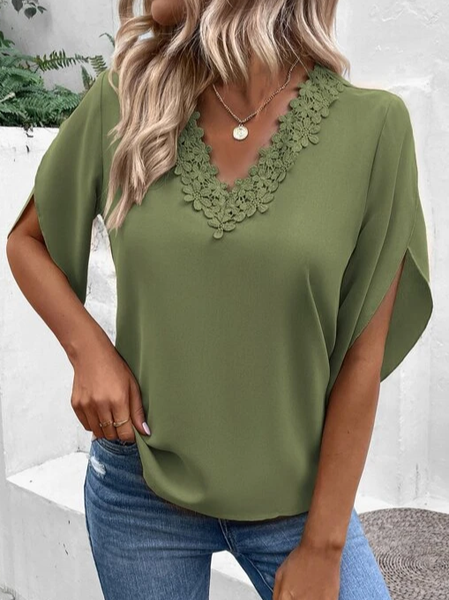 

V Neck Casual Plain Shirt, Green, Shirts & Blouses