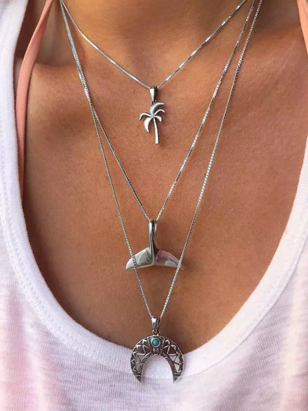 

Casual Holiday Style Silver Coconut Tree Turquoise Multilayer Necklace Female Beach Daily Jewelry, Necklaces