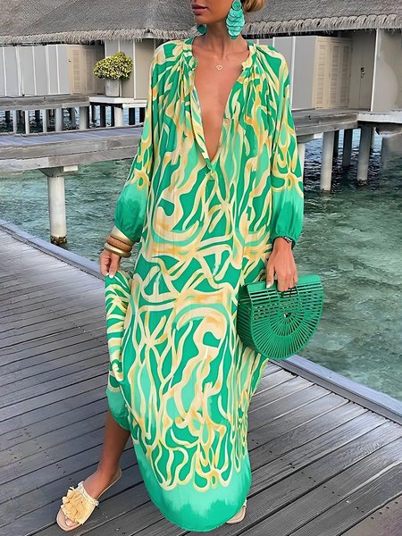 

V Neck Abstract Stripes Vacation Dress, Green, Maxi Dresses