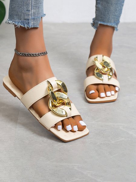 

Vacation Metal chain casual beach slip-on sandals, Beige, swimwear>>Beach Accessories