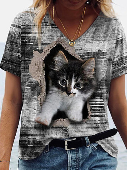 

Casual Cat V Neck Loose T-Shirt, Black, T-Shirts