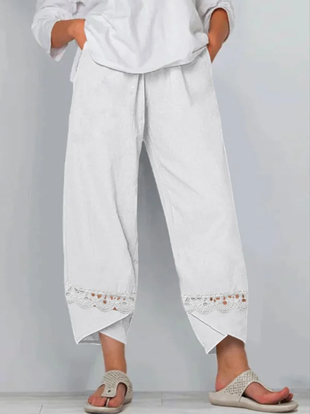 

Lace Hollow out Tulip Hem Pockets Comfy Vacation Workout White Cotton and Linen Pants, Pants