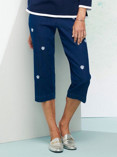 

Denim Casual Loose Floral Jeans, Dark blue, Pants