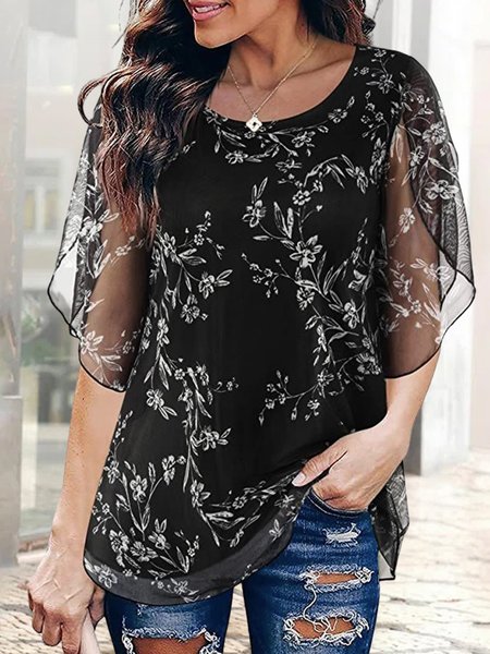 

Loose Vacation Floral Shirt, Black, Shirts & Blouses