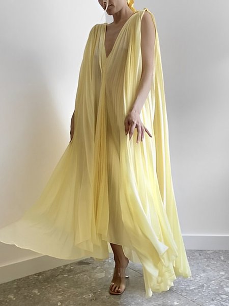 

V Neck Vacation Sleeveless Plain Maxi Dress, Yellow, Maxi Dresses