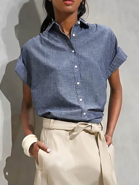 

Plain Urban Loose Shirt Collar Blouse, Blue, Blouses and Shirts