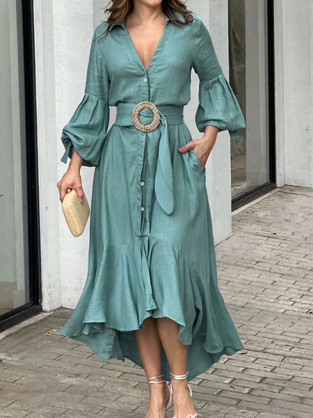 

Regular Fit Plain Elegant V neck Long sleeve Long Dress, Blue, Maxi Dresses