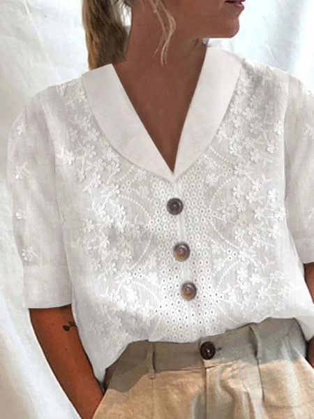 

Women Cotton Linen Floral Lace Lapel Button Down V Neck Short Sleeve Blouse, White, Blouses & Shirts
