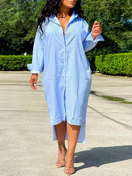 

Shirt Collar Plain Casual Loose Dress, Blue, Midi Dresses