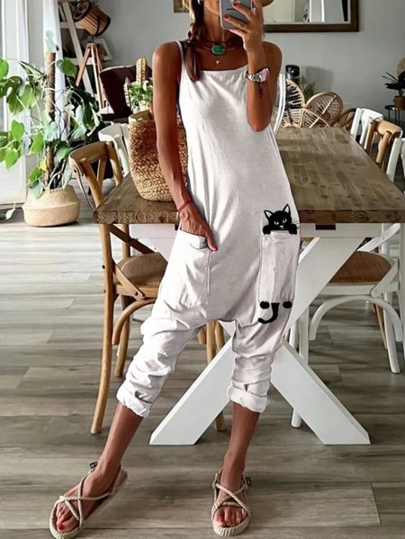 

Spaghetti Loose Cat Casual Bib Pants, White, Jumpsuits＆Rompers