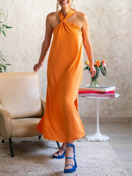 

Plain Halter Loose Vacation Dress, Orange, Maxi Dresses