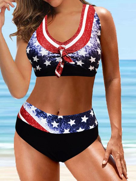 

Casual Scoop Neck Printing America Flag Bikini, As picture, swimwear>>Bikini Sets