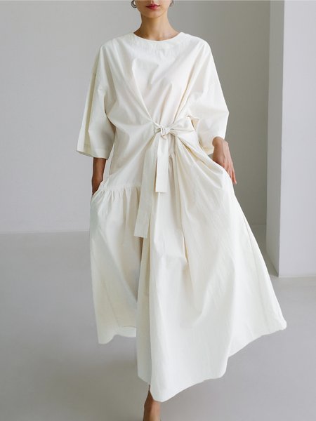 

Half sleeve Crew Neck Elegant Loose Dress, Off white, Maxi Dresses