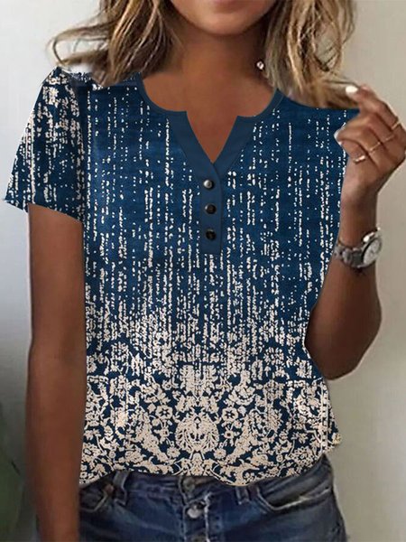 

Loose Ethnic Casual Notched Shirt, Dark blue, Shirts & Blouses