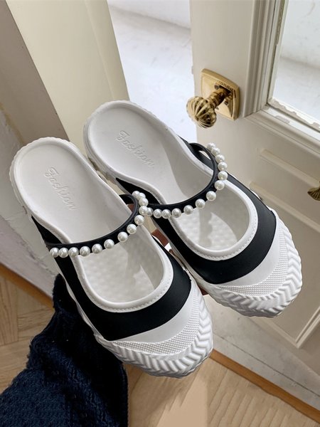 

Beaded Dekor Waterproof PVC Slip On Flat Mules, Black, Flats