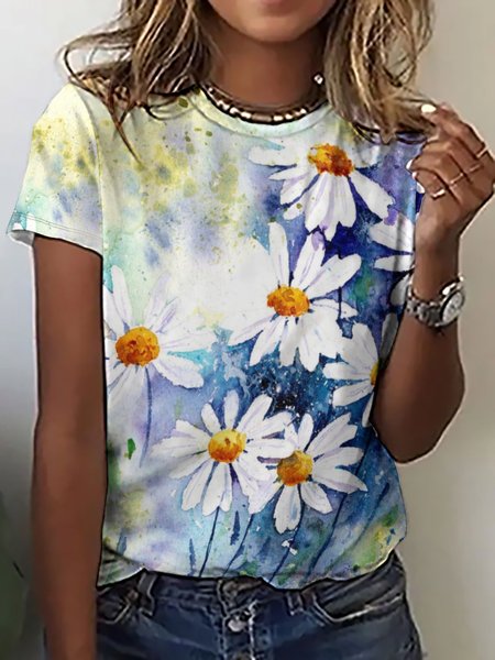 

Women's Watercolor Flower Daisy Print Casual Crew Neck T-Shirt, Blue, T-shirts