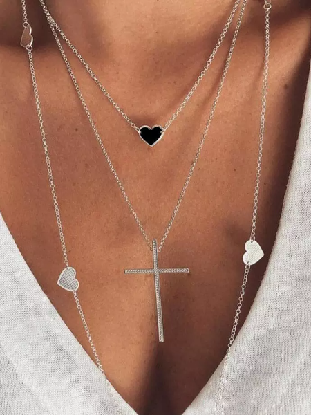Casual Holiday Style Cross Heart Pattern Multilayer Necklace Female Beach Daily Jewelry, Silver, Necklaces