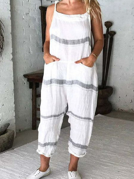Linen Loose Linen Jumpsuit, White, Jumpsuits＆Rompers