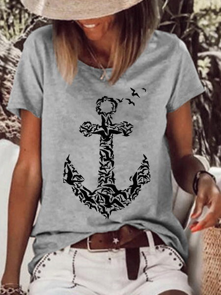 

Women's Summer Anchor Birds Crew Neck Casual T-Shirt, Gray, T-shirts