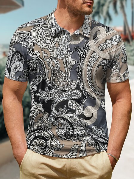 

Men's Tropical Hawaii Art Print Paisley Polo Collar Urban Regular Fit Polo Shirt, As picture, T-shirts
