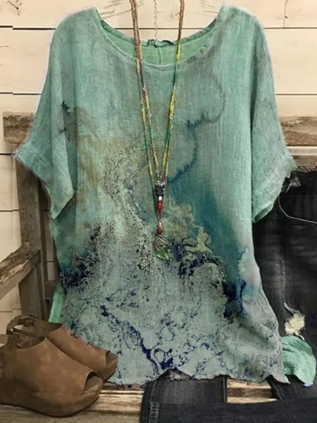 

Plus Size Abstract Crew Neck Loose Casual Shirt, Green, Shirts & Blouses