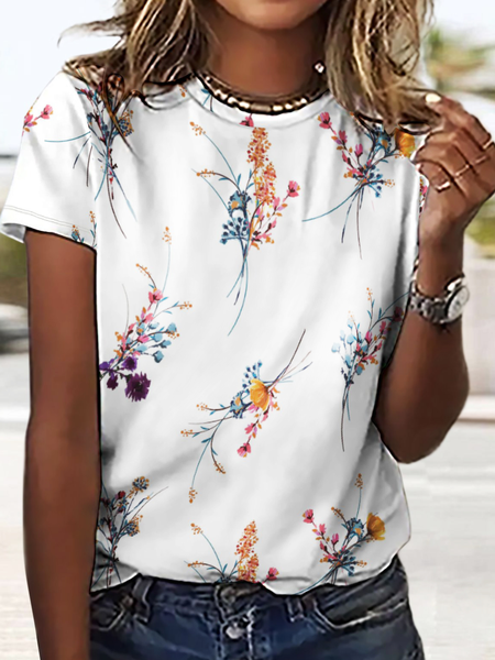 

Women’s Crew Neck Simple Loose Floral T-Shirt, White, T-shirts