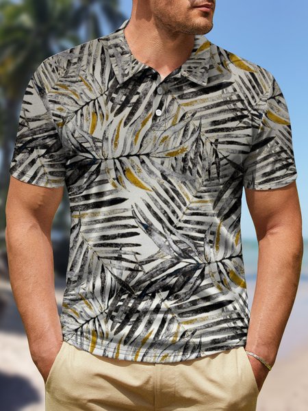 

Men's Palm Leaf Printing Tropical Hawaii Art Print Polo Collar Urban Polo Shirt, As picture, T-shirts