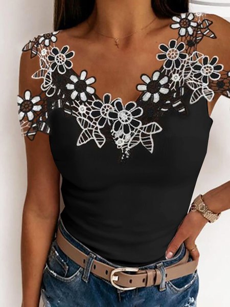 Hollow Out V Neck Casual Patchwork lace Blouses, Black, Blouses