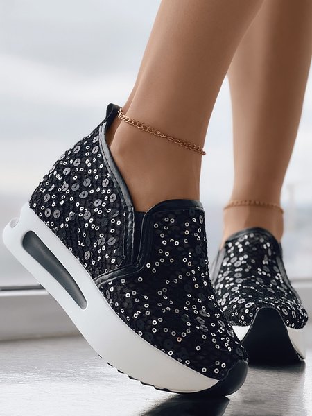 

Women's Sequin Mesh Slip On Muffin Sneakers, Black, Flats