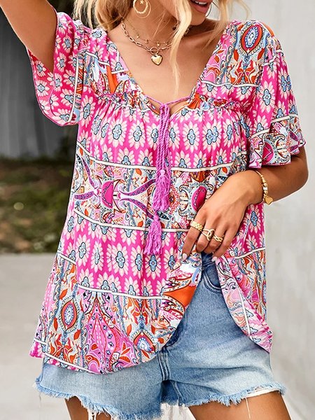 

V Neck Ethnic Boho Loose Shirt, Pink, Shirts & Blouses
