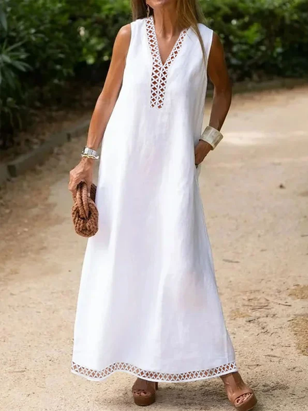 

Women's Cotton Linen V Neck Lace Cutout Vacation Dress, White, Dresses