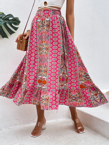 Vacation Loose Floral Skirt, Red, Skirts