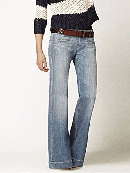 

Washed Pocket Detail Low Rise Flare Jeans Without Belt, Blue, Jeans