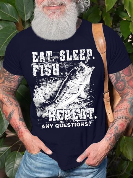 

Men's Eat Sleep Fish Repeat Any Questions Funny Graphic Printing Crew Neck Casual Cotton Text Letters T-Shirt, Purplish blue, T-shirts