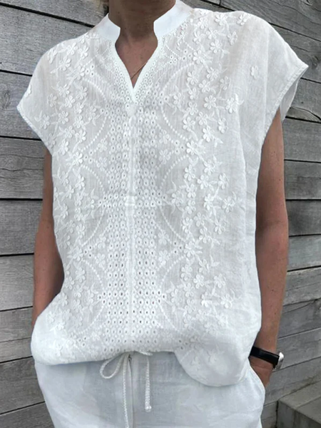 

Women White Floral Lace V Neck Loose Cotton And Linen Tunic Top, Tunics