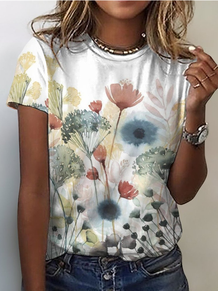 

Women's Watercolor Flower Art print Casual T-Shirt, White, T-shirts